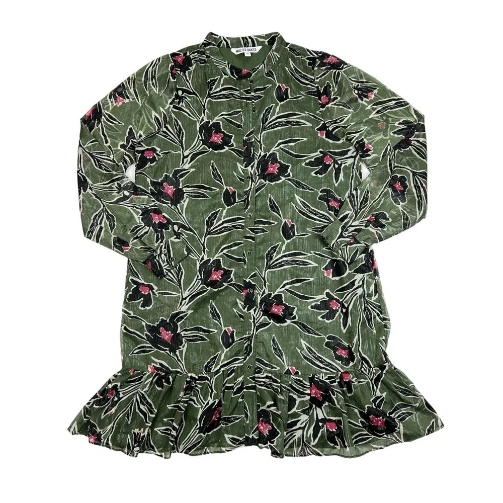 Walter Baker Green Heidi Floral Metallic Ruffled Shirt Dress
